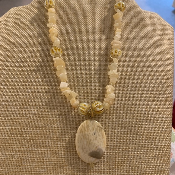 Rare yellow adventurine and scolecite necklace with lamp work beads and crystals - Picture 7 of 8
